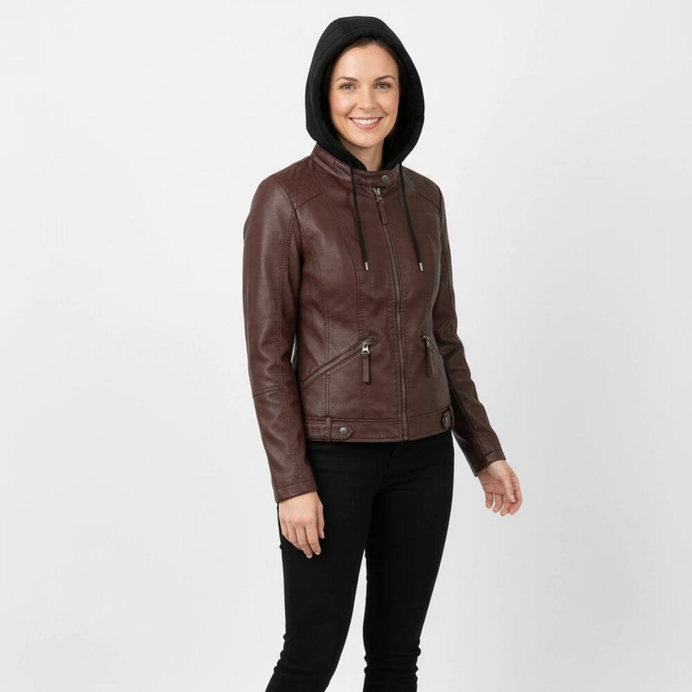 Sebby brown faux leather biker jacket w/black quilted hood/vest size s - Picture 4 of 12